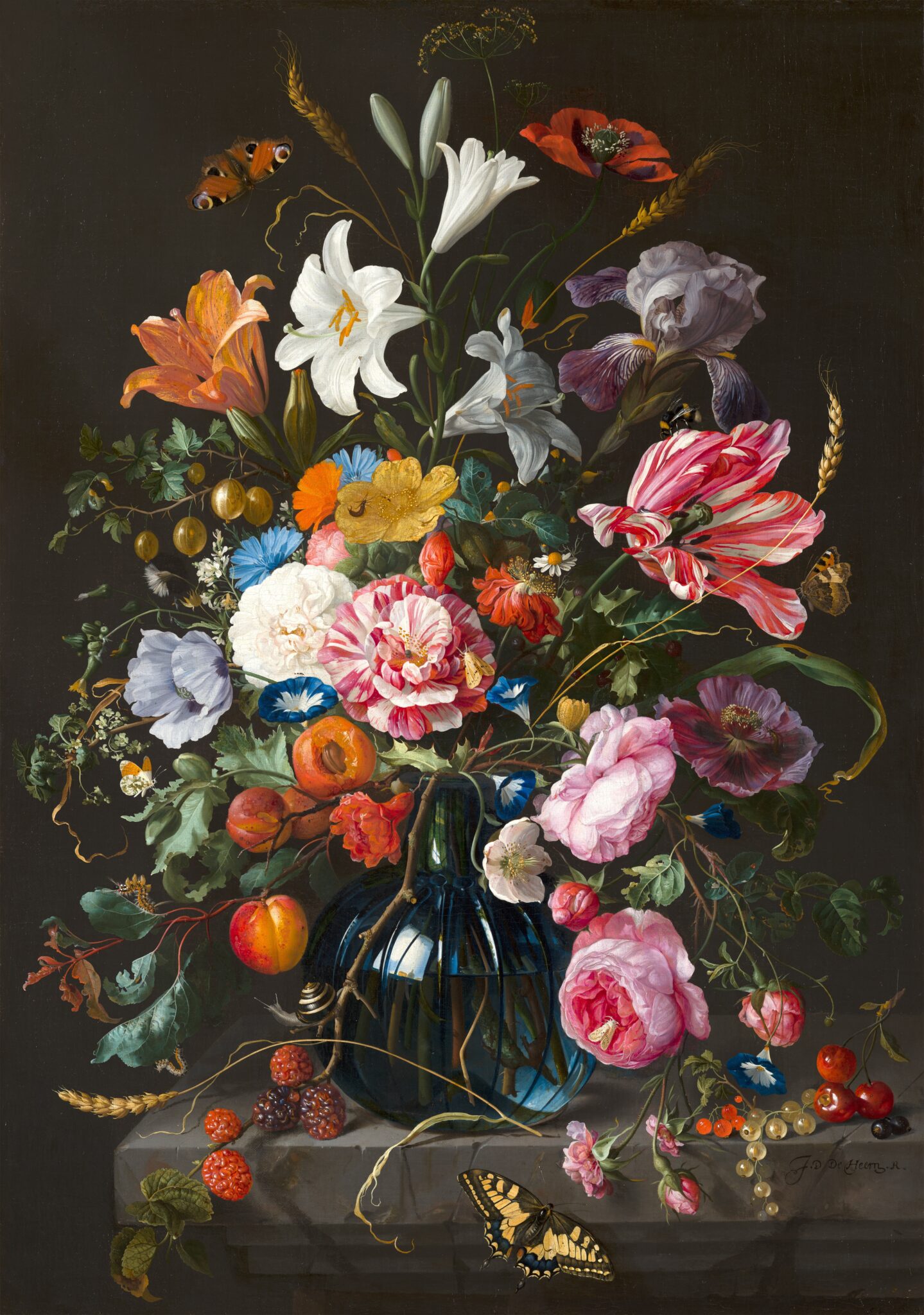 A painting of flowers in a vase on the floor