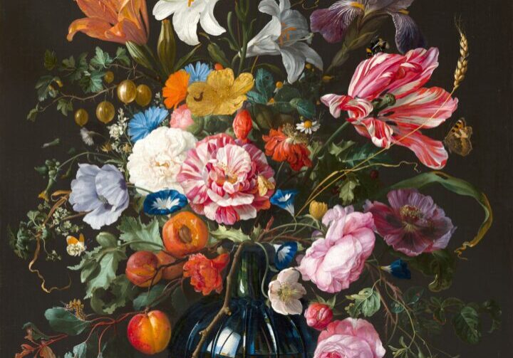 A painting of flowers in a vase on the floor